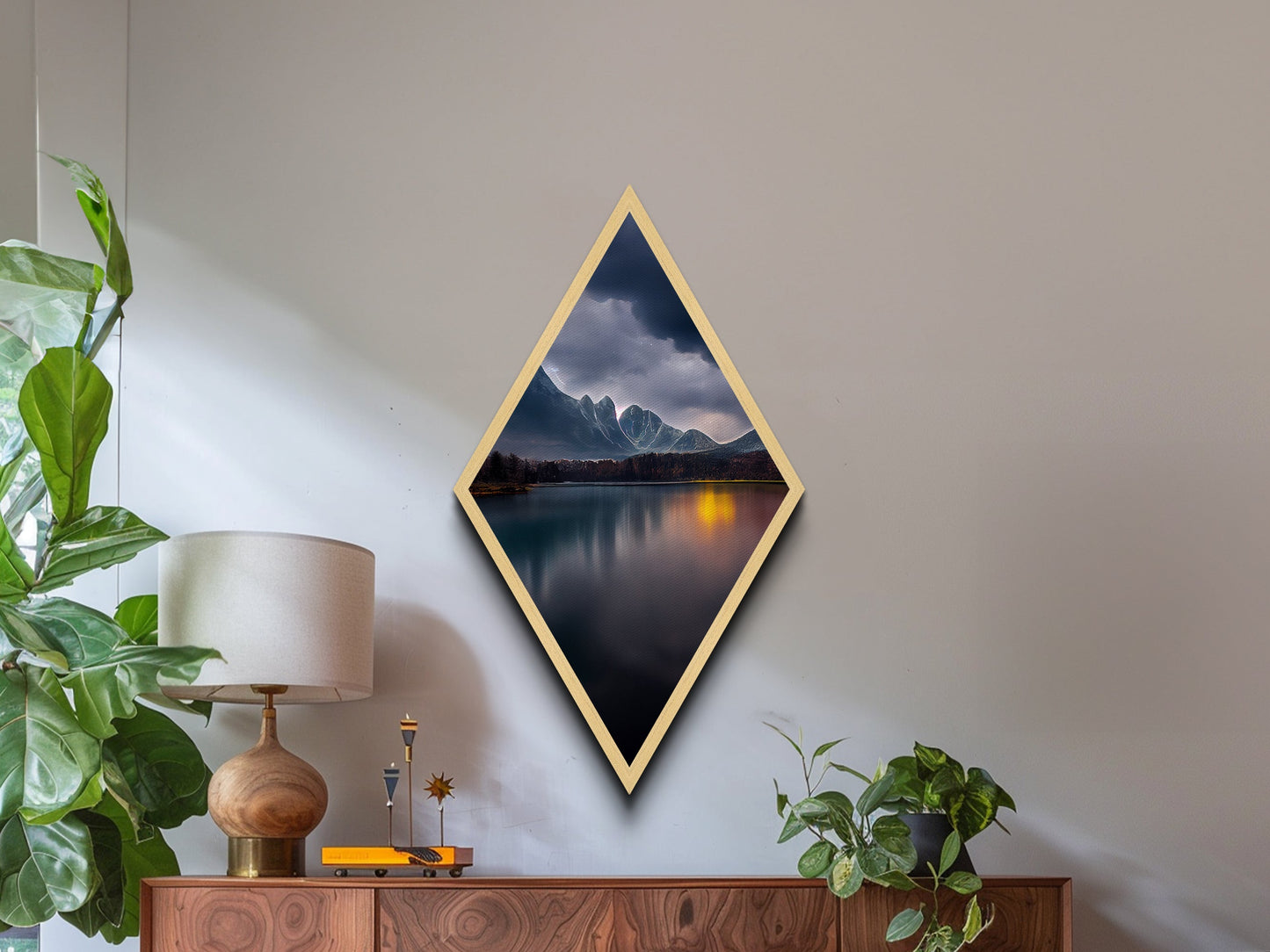 Thunder Peak Reflection – Diamond Shaped Stormy Lake Mountains Canvas Textured Print, Moody Scenic Nature Wall Art, Atmospheric View