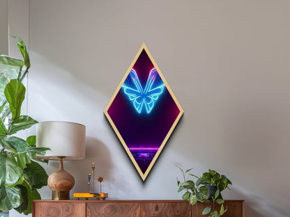 Neon Butterfly Pulse – Diamond Shaped Futuristic Glow Canvas Embossed Print, Cyberpunk Wall Art, Vaporwave Lighting Aesthetic