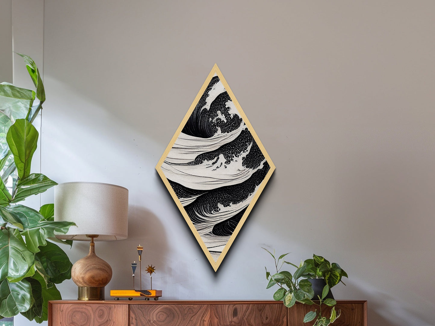 Monochrome Wave Fury – Diamond Shaped Japanese Style Ocean Print Canvas Textured Print, Bold Black and White Wall Art, Ink Style Sea
