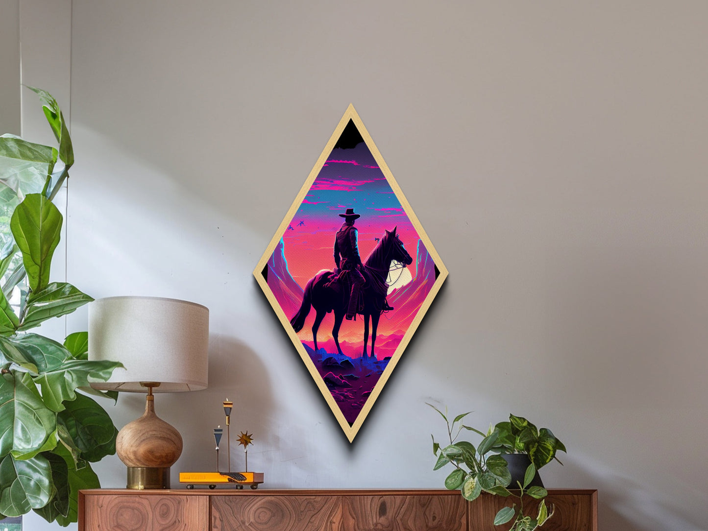 Neon Cowboy Sunset – Diamond Shaped Canvas Art Print with Western Landscape Scene, Vibrant Sky Wall Decor, Modern Desert Art