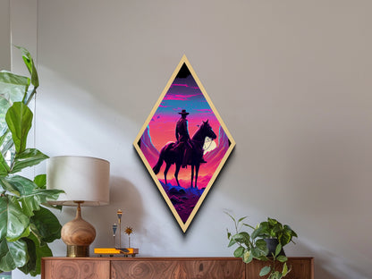 Neon Cowboy Sunset – Diamond Shaped Canvas Art Print with Western Landscape Scene, Vibrant Sky Wall Decor, Modern Desert Art