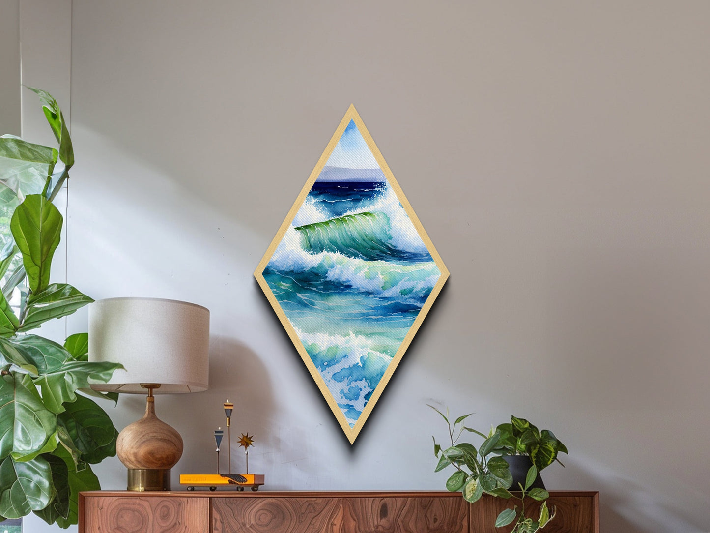 Ocean Wave Surge Diamond Shaped Canvas Textured Print, Coastal Watercolor Seascape Wall Art, Blue Wave Nature Art Gift