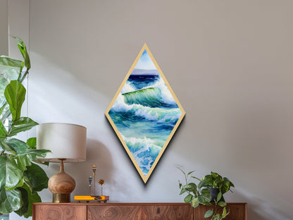 Ocean Wave Surge Diamond Shaped Canvas Textured Print, Coastal Watercolor Seascape Wall Art, Blue Wave Nature Art Gift