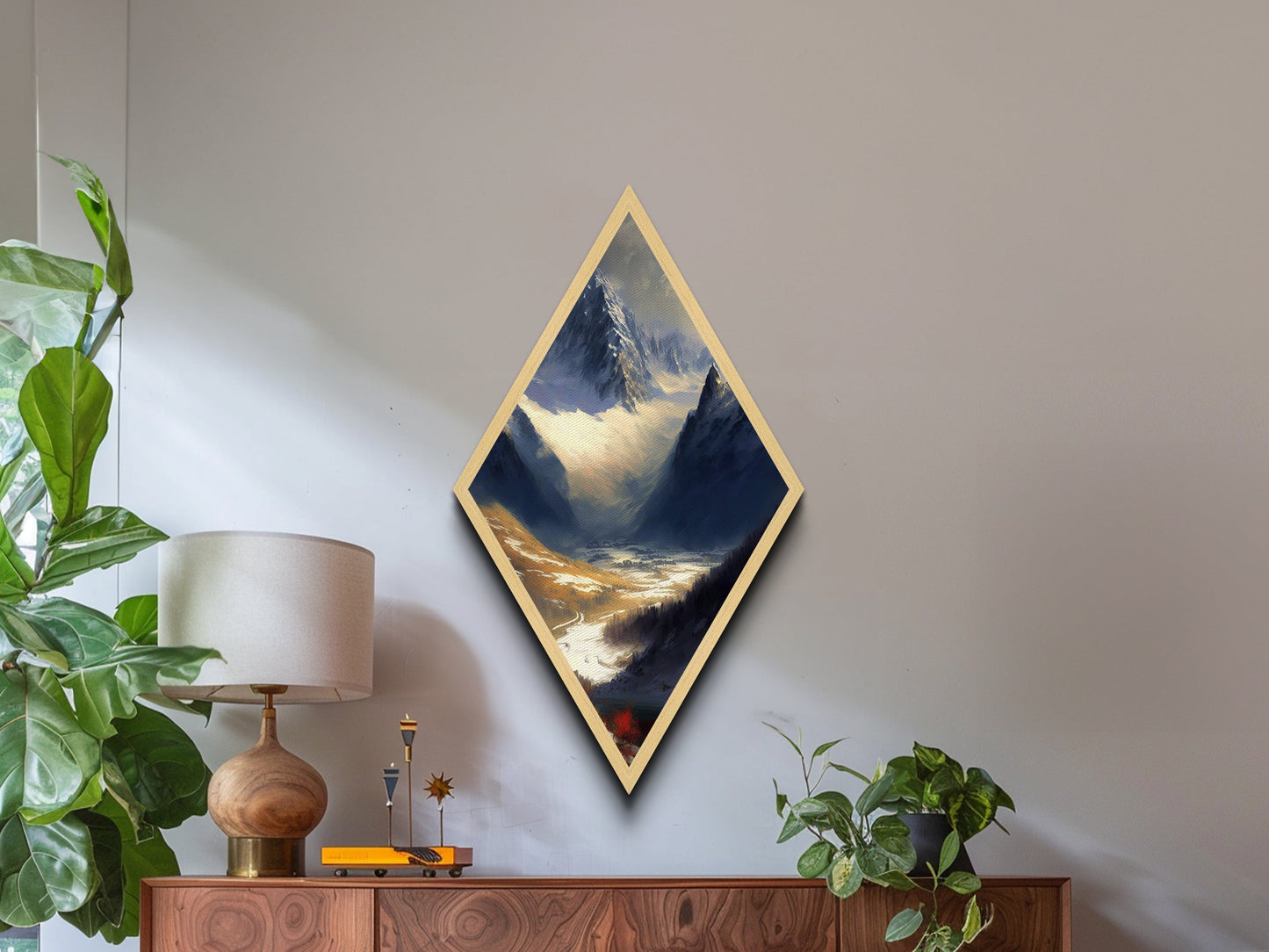 Alpine Valley Peaks Diamond Shaped Canvas Art Print, Snowy Mountain Scenic Wall Decor, Wilderness Landscape Nature Painting