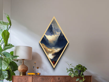 Alpine Valley Peaks Diamond Shaped Canvas Art Print, Snowy Mountain Scenic Wall Decor, Wilderness Landscape Nature Painting