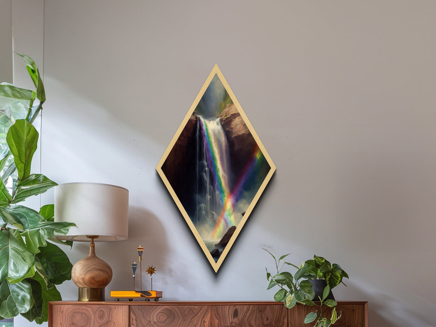 Rainbow Cascade Falls Diamond Shaped Canvas Embossed Print, Waterfall Landscape Art Print, Nature Wall Decor Mountain Scene