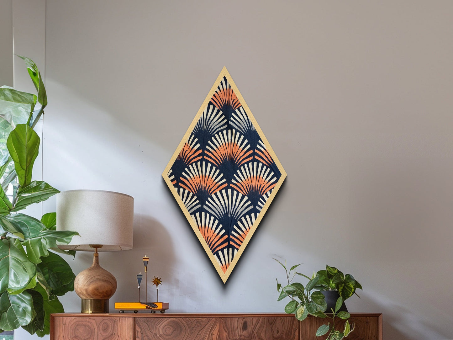 Retro Fan Pattern – Diamond Shaped Canvas Textured Print Mid Century Modern Wall Decor, Navy Orange Abstract Textile Style, Bold Boho Vibes