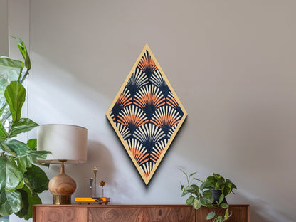 Retro Fan Pattern – Diamond Shaped Canvas Textured Print Mid Century Modern Wall Decor, Navy Orange Abstract Textile Style, Bold Boho Vibes