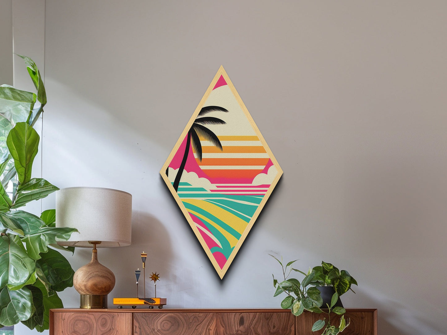Tropical Minimal Vibe – Diamond Shaped Palm Tree Graphic Canvas Textured Print with Retro Beach Sunset and Geometric Stripes