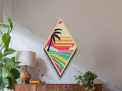 Tropical Minimal Vibe – Diamond Shaped Palm Tree Graphic Canvas Textured Print with Retro Beach Sunset and Geometric Stripes
