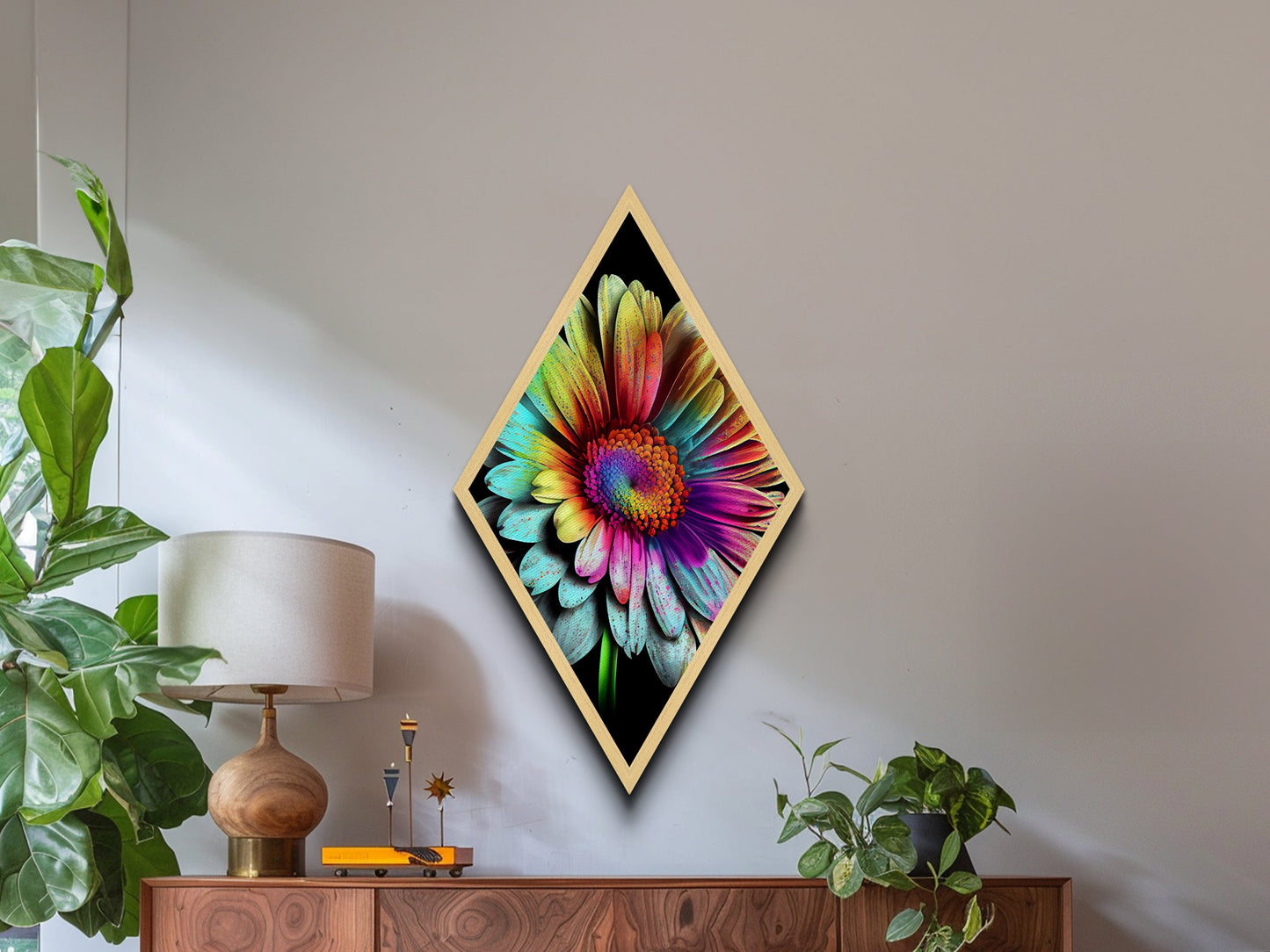 Funky Rainbow Flower Print, Canvas Embossed Wall Art, Diamond Shaped Art