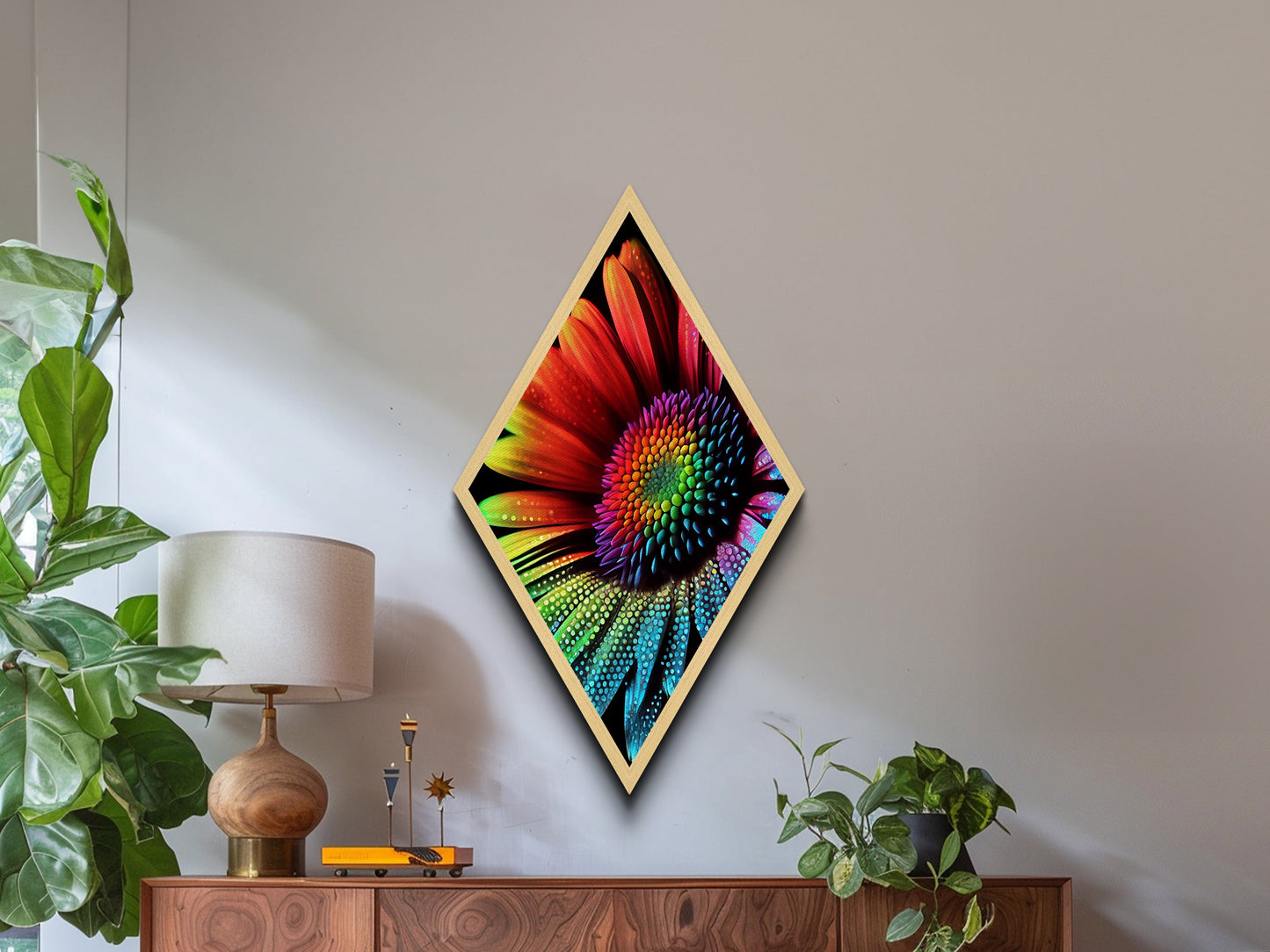 Rainbow Sunflower Painting Print, Diamond Shaped Wall Art, Canvas Embossed Art Print