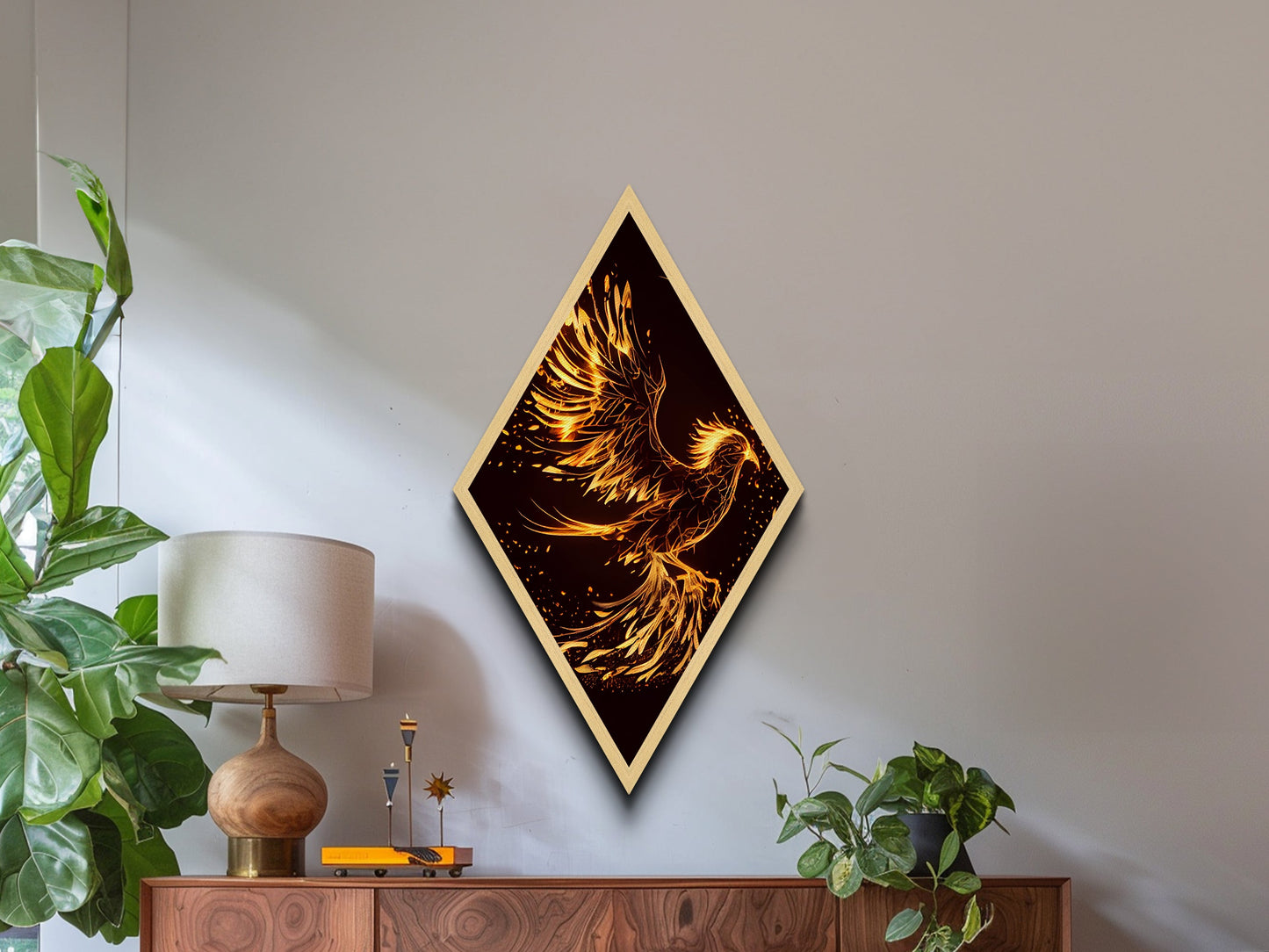 Phoenix Wood Framed Art Print, Diamond Shaped Art, Rebirth, Reincarnation, Canvas Textured Decor Art Print, Office Art