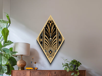 Gold and Black Diamond Shaped Art Deco Wall Art Panel Print, Diamond Shaped Art, Office Decor, MCM Art