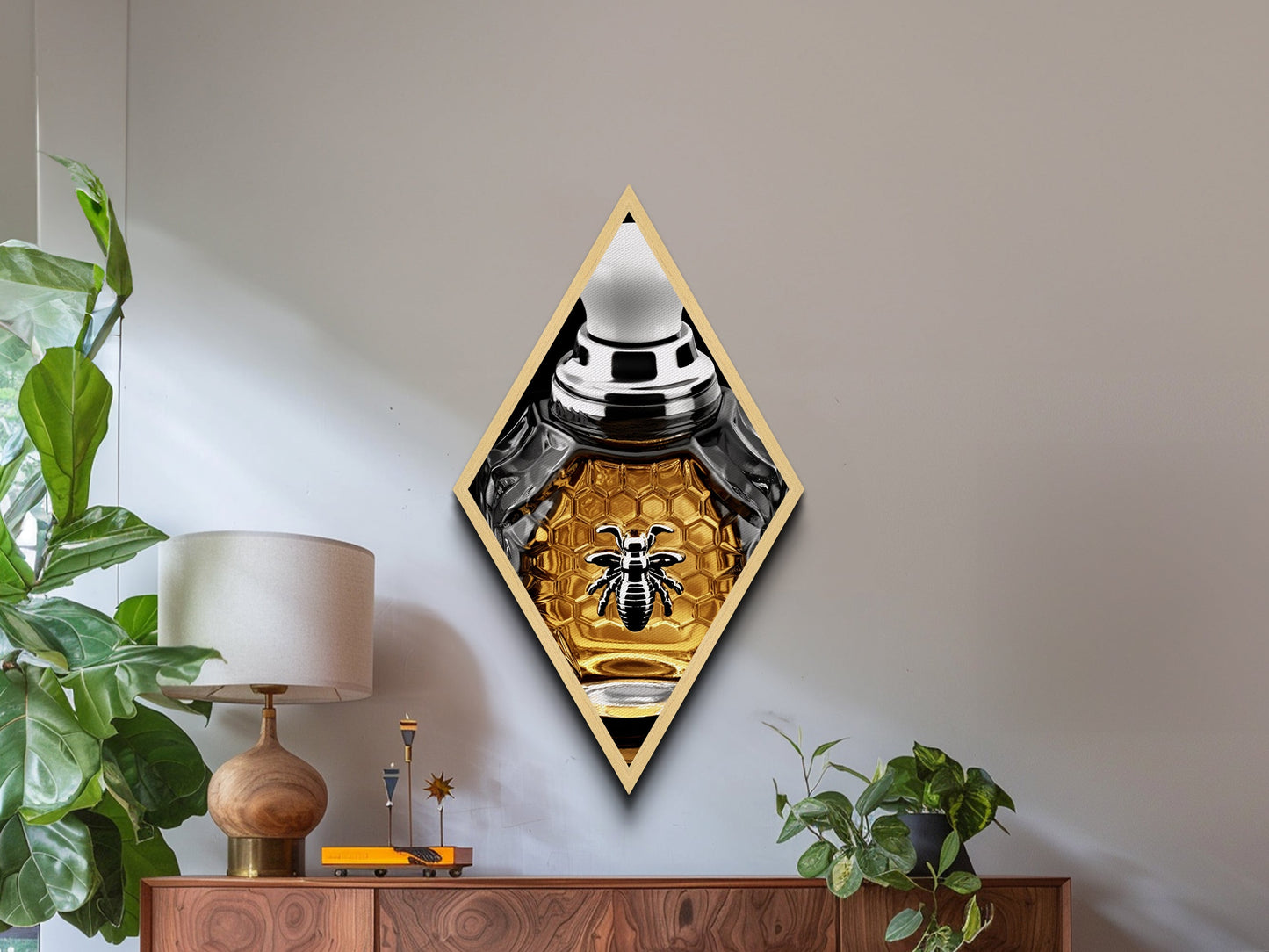 Honeycomb Elegance Bee Diamond Shaped Canvas Art Print, Gold Hexagon Insect Decor, Glam Perfume Bottle Graphic Wall Piece
