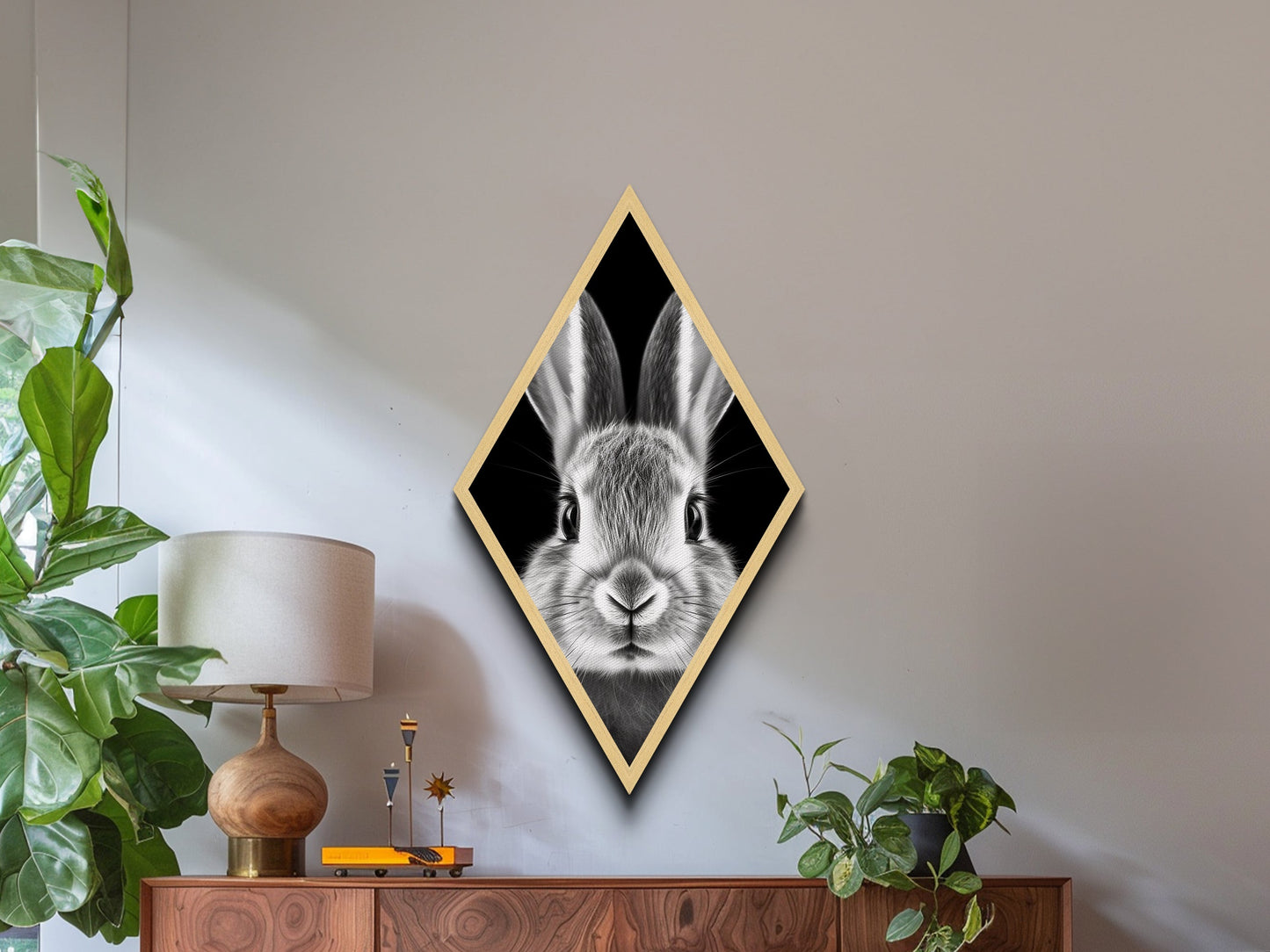 Curious Bunny Face Diamond Shaped Canvas Textured Print, Black and White Rabbit Animal Art, Minimalist Pet Lover Wall Decor