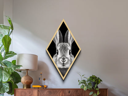 Curious Bunny Face Diamond Shaped Canvas Textured Print, Black and White Rabbit Animal Art, Minimalist Pet Lover Wall Decor