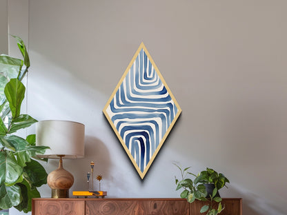 Spiral Indigo Maze Diamond Shaped Canvas Textured Print, Bold Modern Abstract Art, Geometric Blue Watercolor Wall Design