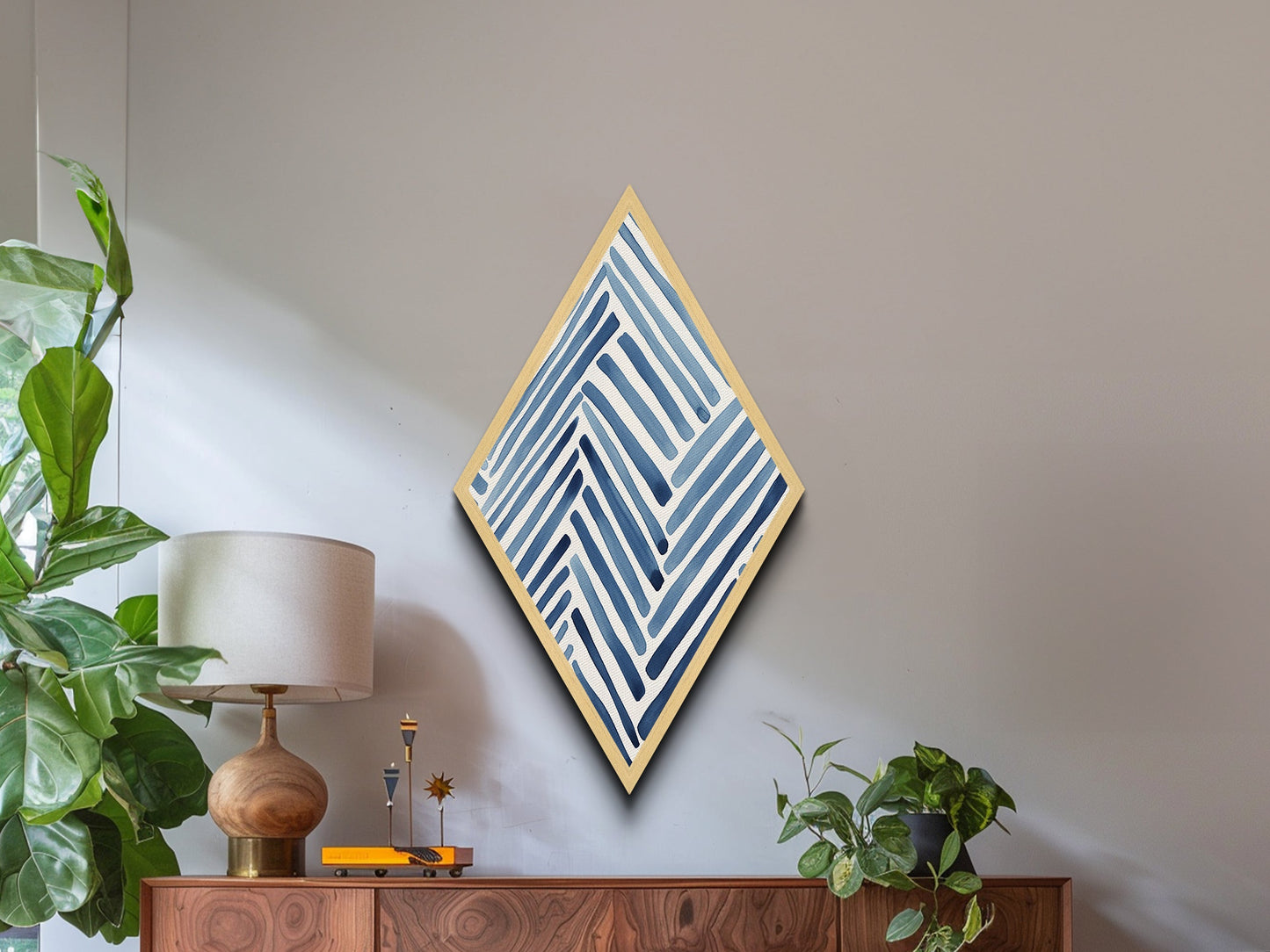 Coastal Stripe Pattern Diamond Shaped Navy Indigo Lines Canvas Embossed Print Modern Abstract Wall Art Nautical Geometric Decor