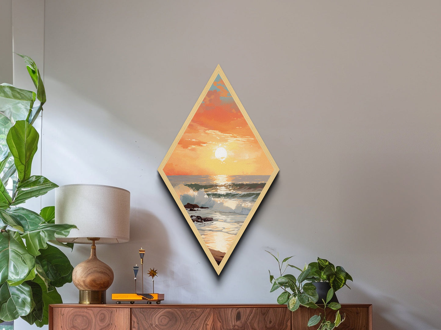 Beautiful Beach Sunset Framed Print, Nautical Painting, Coastal Decor, Diamond Shaped Art, Retro MCM Style Wall Art