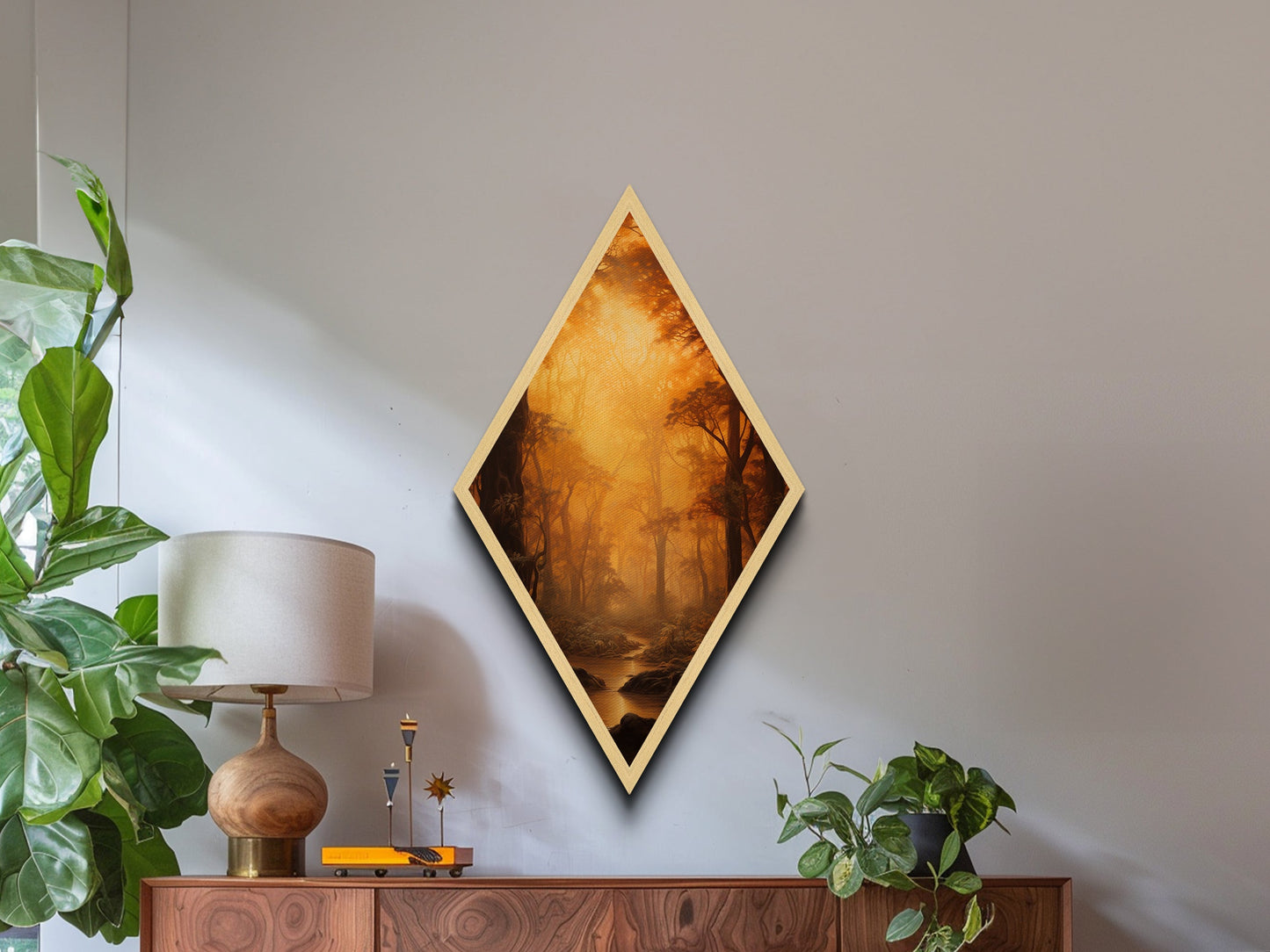 Fall In The Forest, Canvas Textured Print, Diamond Shaped Landscape Painting, Retro Home Decor, Nature Painting