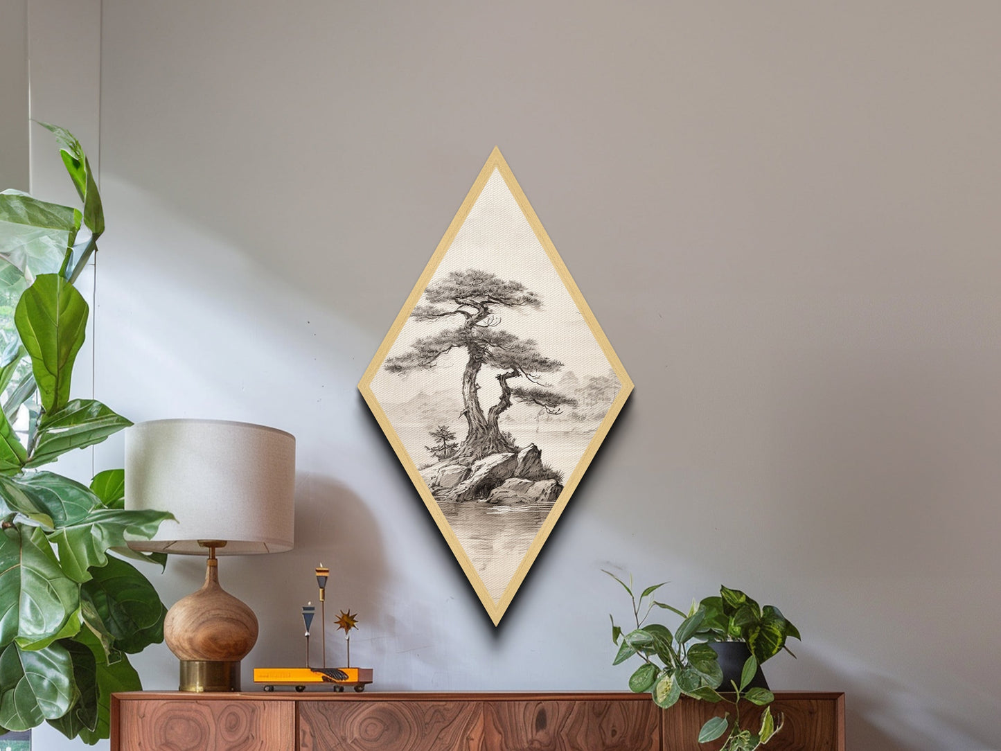 Funky Bonsai Tree Charcoal Sketch Canvas Art Print, Embossed Canvas Wall Art, Diamond Shaped Decor, Alternative Decor, Modern Art