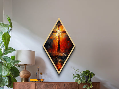 Watercolor Painting Print Of a Cross, Funky Christian Decor, Canvas Art, Canvas Textured Print Wall Art, Diamond Shaped Wall Art