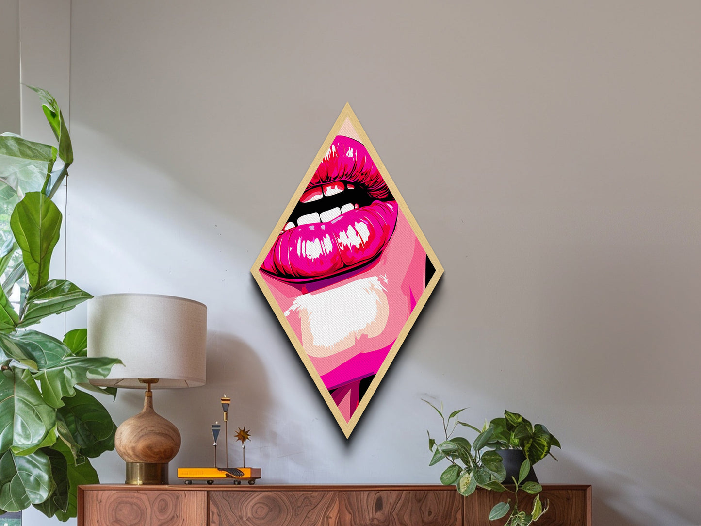 Glossy Pink Lips Biting – Canvas Art Print Bold Pop Art Diamond Wall Decor, Retro Comic Style, Lipstick Fashion Wall Accent, Neon Vibe