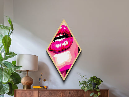 Glossy Pink Lips Biting – Canvas Art Print Bold Pop Art Diamond Wall Decor, Retro Comic Style, Lipstick Fashion Wall Accent, Neon Vibe