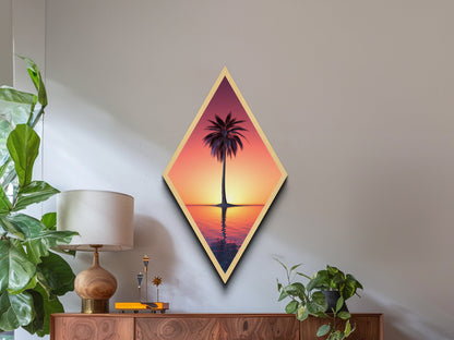 Synth Wave Palm Tree at Sunset, Framed Canvas Art, Wood Framed Canvas Texture Wall Art, Diamond Shaped Decor, Retro Wall Art