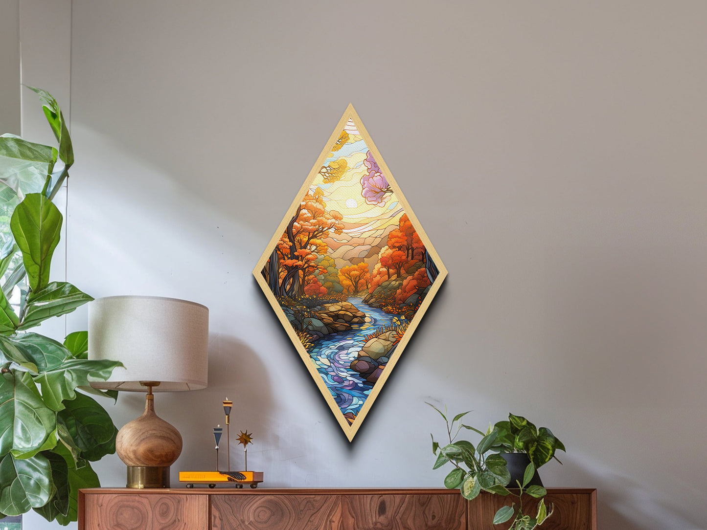 Autumn Forest Stream – Canvas Textured Print Stained Glass Style, Fall River Landscape, Nature Diamond Wall Art, Golden Hour Forest