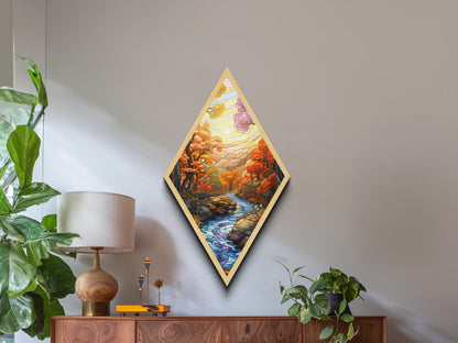 Autumn Forest Stream – Canvas Textured Print Stained Glass Style, Fall River Landscape, Nature Diamond Wall Art, Golden Hour Forest