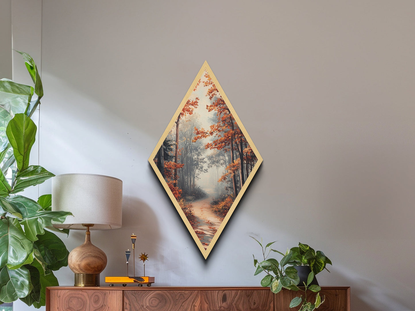 Diamond Shaped Autumn Forest Glow, warm foliage scenic Canvas Textured Print, cozy woodland path artwork, rustic fall home wall piece