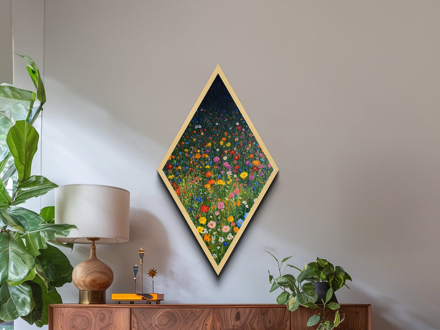 Starburst Bright Rays – Diamond Shaped Canvas Textured Print, retro abstract wall art, vibrant geometric design, bold midcentury decor