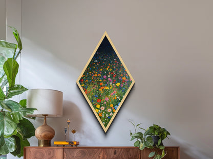 Starburst Bright Rays – Diamond Shaped Canvas Textured Print, retro abstract wall art, vibrant geometric design, bold midcentury decor