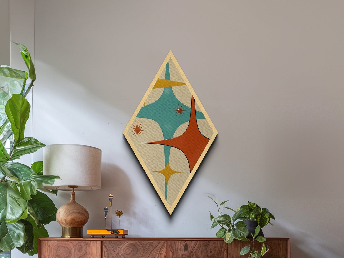 Retro Rocket Spikes – Diamond Shaped Canvas Art Print, midcentury atomic design, minimalist geometric decor, starburst pattern artwork