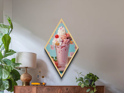 Retro Ice Cream Sundae – Canvas Art Print Whimsical Dessert Wall Decor, Pastel Kitchen Art, Diamond Shaped Sweet Treats Pop Art