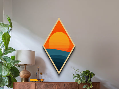 Sunset Radiance Horizon Diamond Shaped Canvas Textured Print with bold orange sun minimalist landscape warm earth tones geometric wall decor