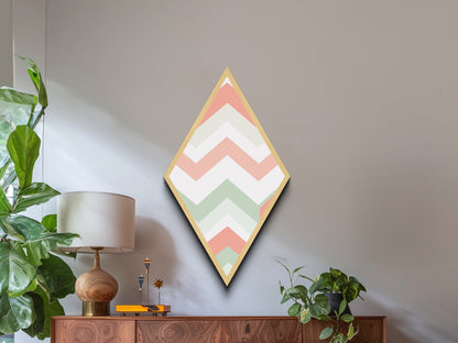 Soft Modern Stripes Diamond Shaped Canvas Textured Print with pastel chevron design retro nursery decor abstract pattern in green pink white