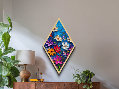 Blue Blossom Pop — Diamond Shaped Canvas Textured Print makes a lively statement in bathroom or hallway with bold floral palette knife design