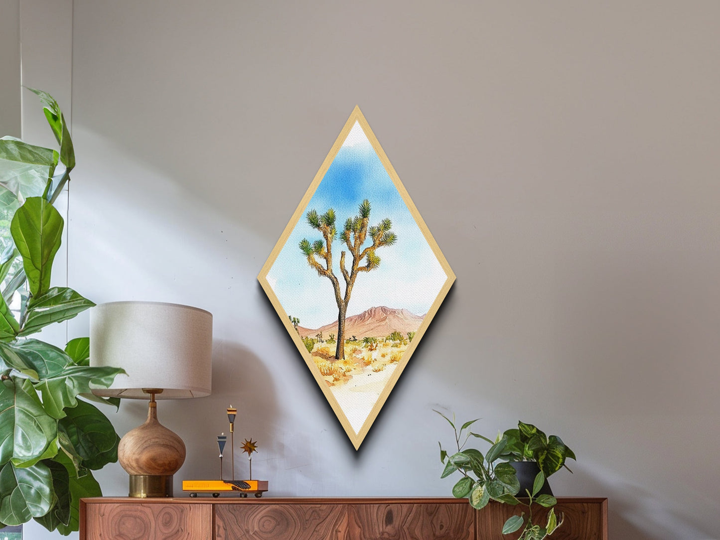 Mojave Tree Scene Diamond Shaped Canvas Textured Print, Watercolor Nature Landscape, Desert Mountain Western Wall Art