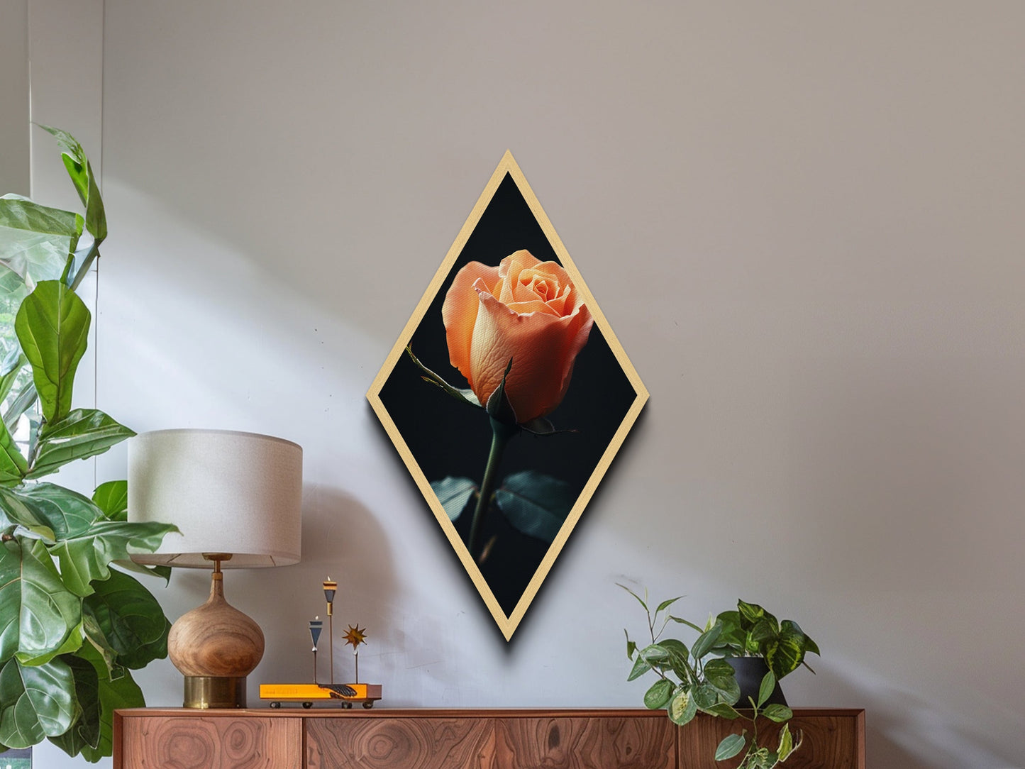 Soft Peach Rose Diamond Shaped Canvas Embossed Print, Floral Minimalist Wall Art, Romantic Moody Botanical Fine Decor