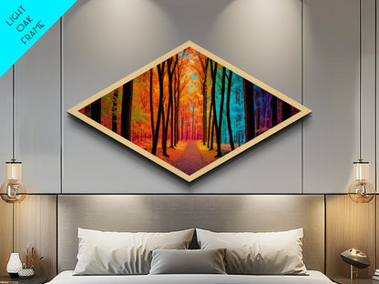 Chromatic Forest Path – Diamond Shaped Rainbow Woodland Trail Canvas Art Print with autumn trees, vibrant color spectrum, surreal landscape