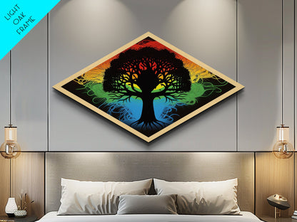 Prism Tree of Life – Diamond Shaped Rainbow Roots Silhouette Canvas Art Print with psychedelic tree, colorful energy, and abstract style