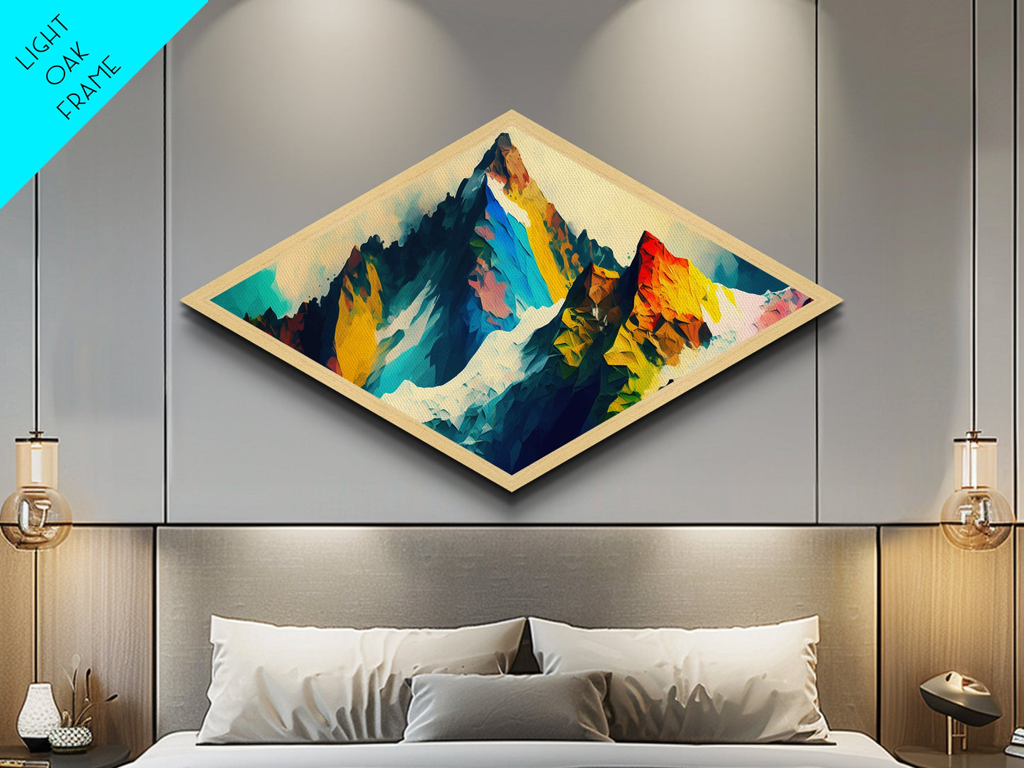 Kristalline Alpen – Rautenförmiger abstrakter Regenbogengipfel-Leinwanddruck mit polygonalem Bergpanorama und kräftigen geometrischen Strichen