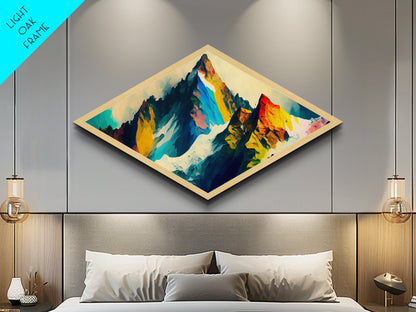 Kristalline Alpen – Rautenförmiger abstrakter Regenbogengipfel-Leinwanddruck mit polygonalem Bergpanorama und kräftigen geometrischen Strichen