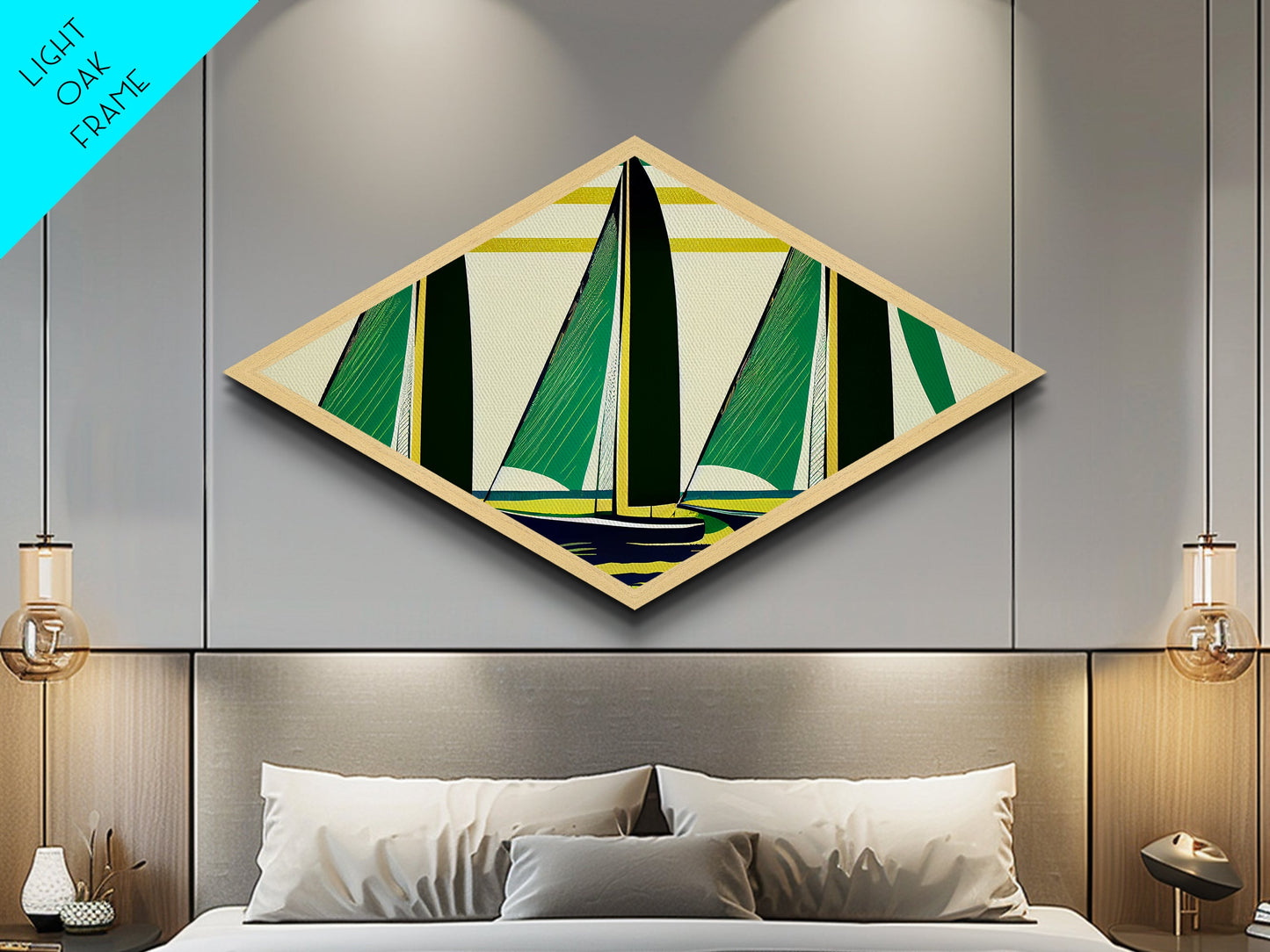 Abstract Sail Wind – Diamond Shaped Canvas Textured Print with retro sailboat geometry, green yellow nautical minimalist coastal theme