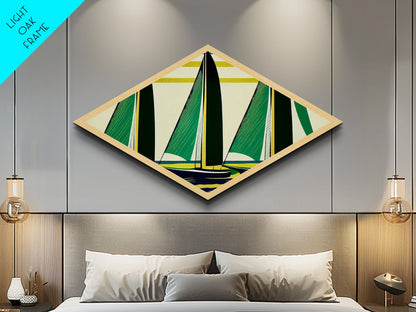 Abstract Sail Wind – Diamond Shaped Canvas Textured Print with retro sailboat geometry, green yellow nautical minimalist coastal theme