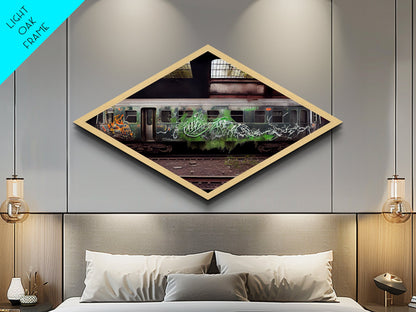 Graffiti Train Scene – Diamond Shaped Canvas Art Print with abandoned urban train, grunge graffiti photography, street art inspired wall piece