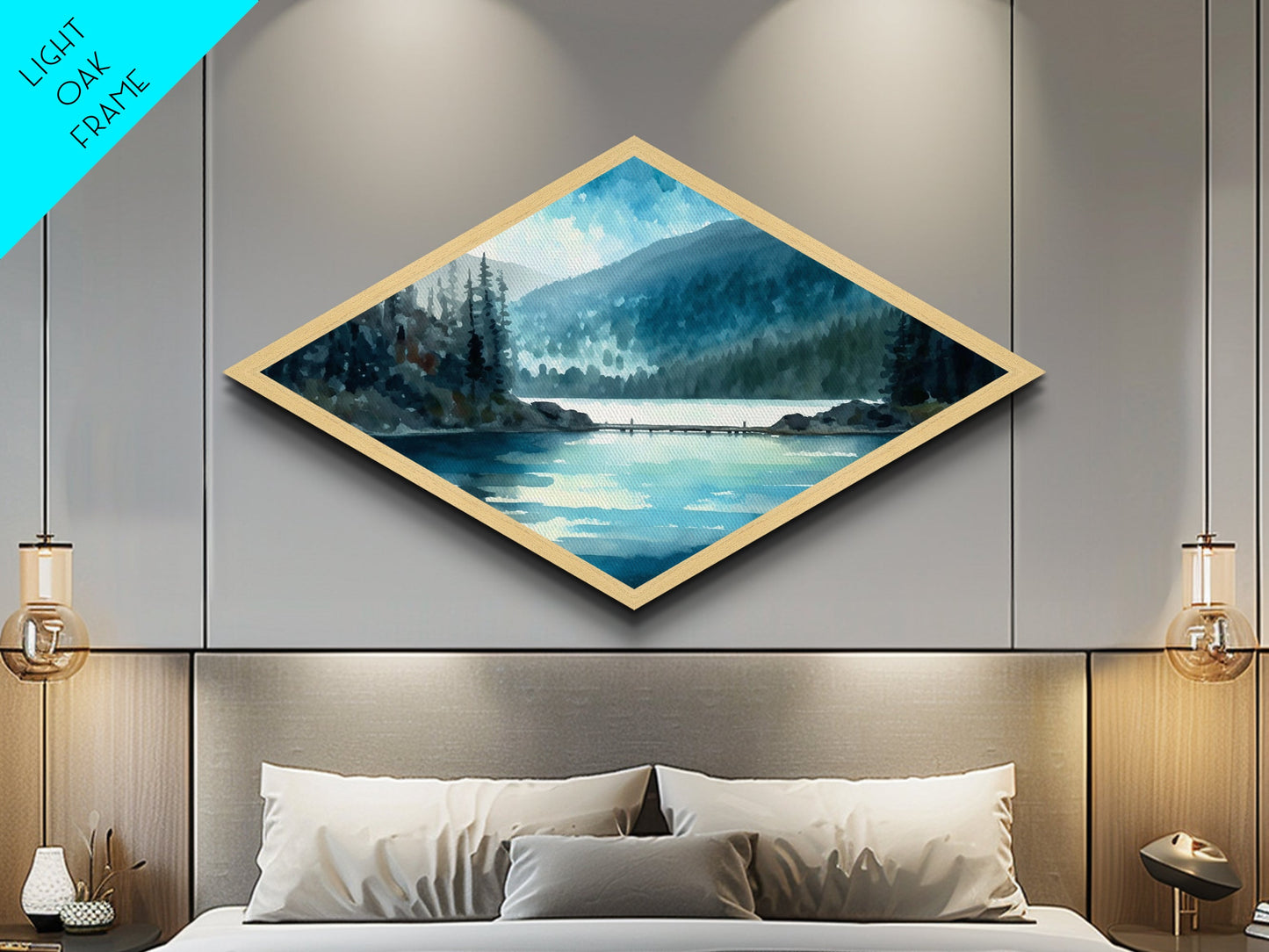 Misty Lake Retreat – Diamond Shaped Canvas Textured Print with tranquil blue waters, evergreen reflection scene, peaceful nature wall art